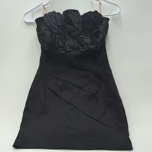 Forever 21 Black Strapless Mini Dress Rosette Bodice Small Stretchy Satin Zip Up